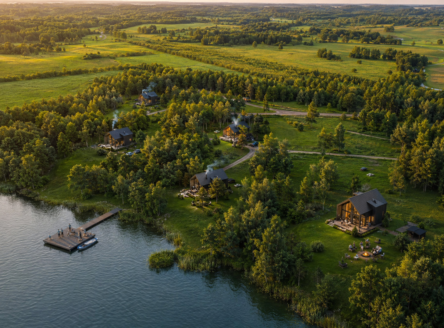 Modulinių namelių vizualizacija sklype